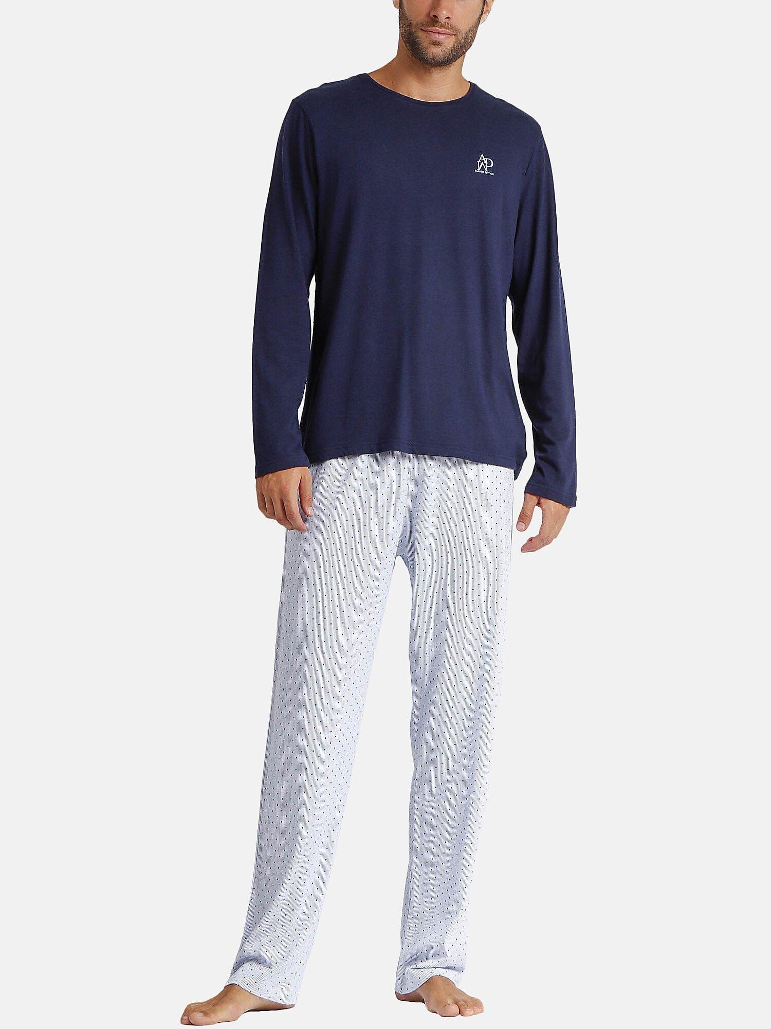Pyjama Hose Top Langarm Stripes And Dots Herren Blau L von Admas