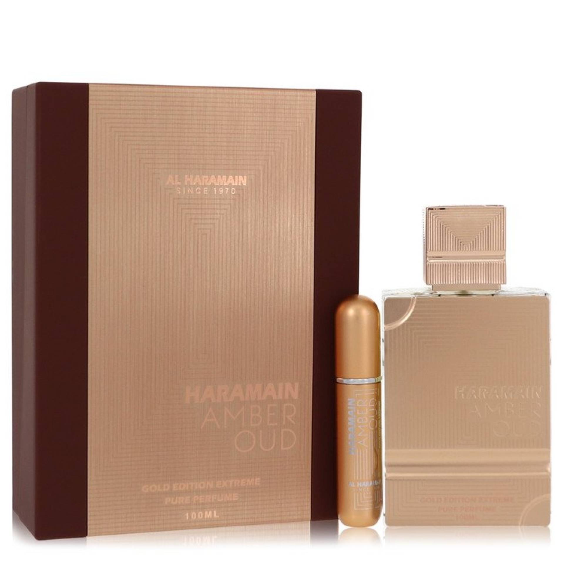 Al Haramain Amber Oud Gold Edition Extreme Gift Set 100 ml 3.4 Pure Perfume Spray + 10 ml Refillable Spray von Al Haramain