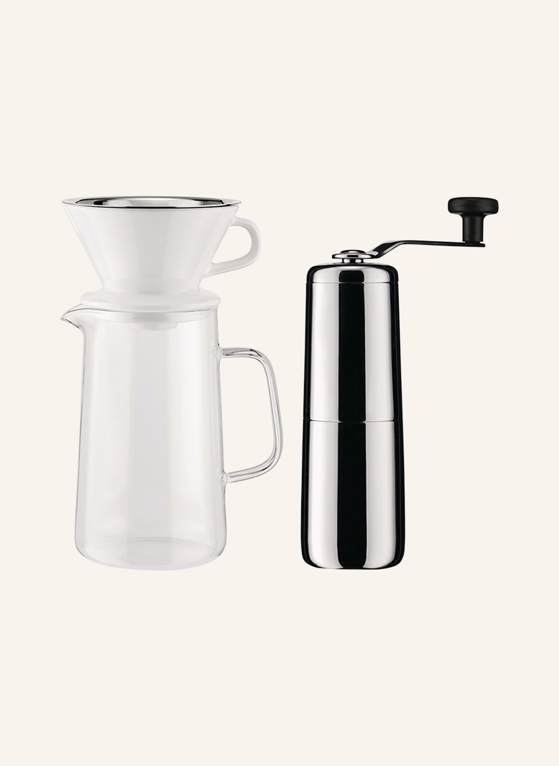 Alessi Set Slow Coffee: Kaffeemühle, Karaffe Und Filterhalter silber Alessi Set Slow Coffee: Kaffeemühle, Karaffe Und Filterhalter silber von Alessi