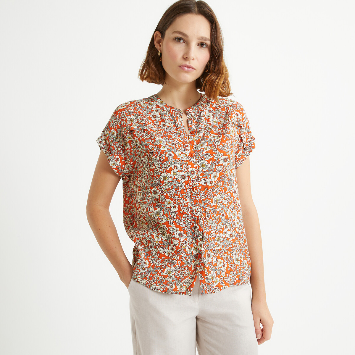 Kurzärmelige Bluse mit rundem Ausschnitt & Blumenmuster von Anne weyburn