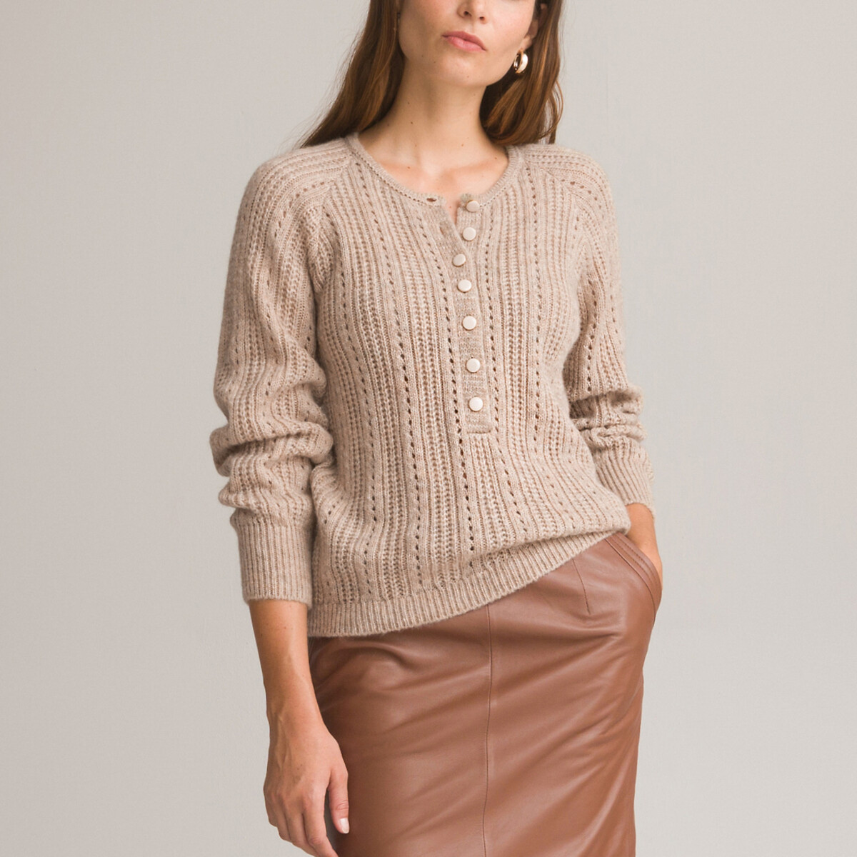 Pullover mit Henley-Ausschnitt, Pointelle-Strick von Anne weyburn