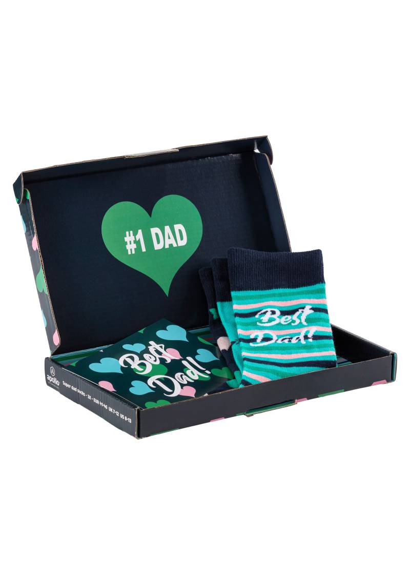 Apollo Socken »Geschenkbox Super-Dad oder Best Dad«, (3er Pack), verschiedenfarbige Designs, perfekt zum Vatertag oder Geburtstag von Apollo