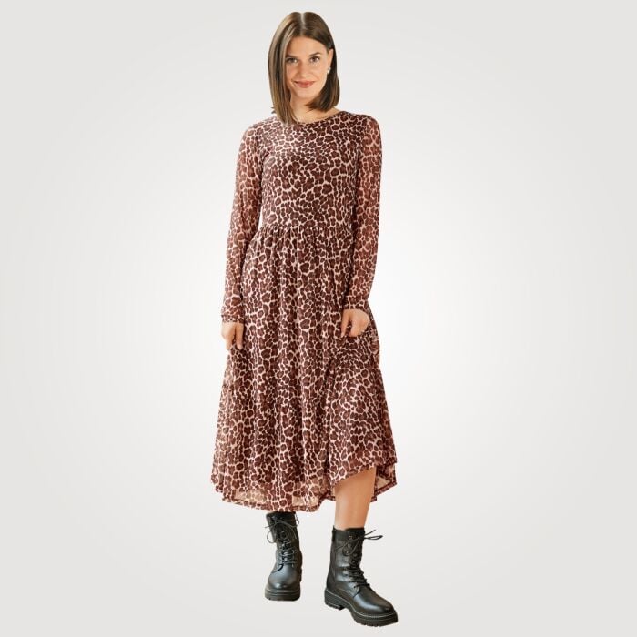 Midi Kleid langarm mit Animal Print, braun, XL von Artime