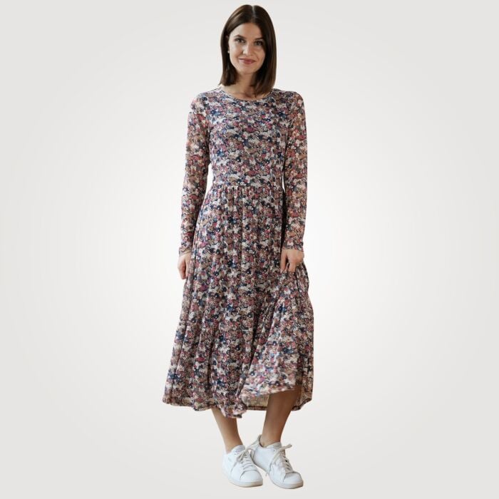 Midi Kleid langarm mit Blümchen Print, beige, XL von Artime