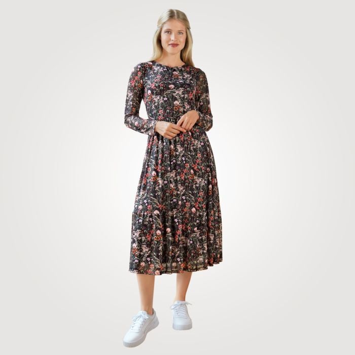Midi Kleid langarm mit floralem Print, schwarz, XS von Artime