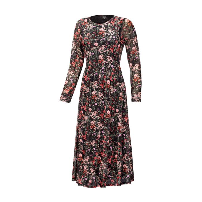 Midi Kleid langarm mit floralem Print, schwarz, XS von Artime