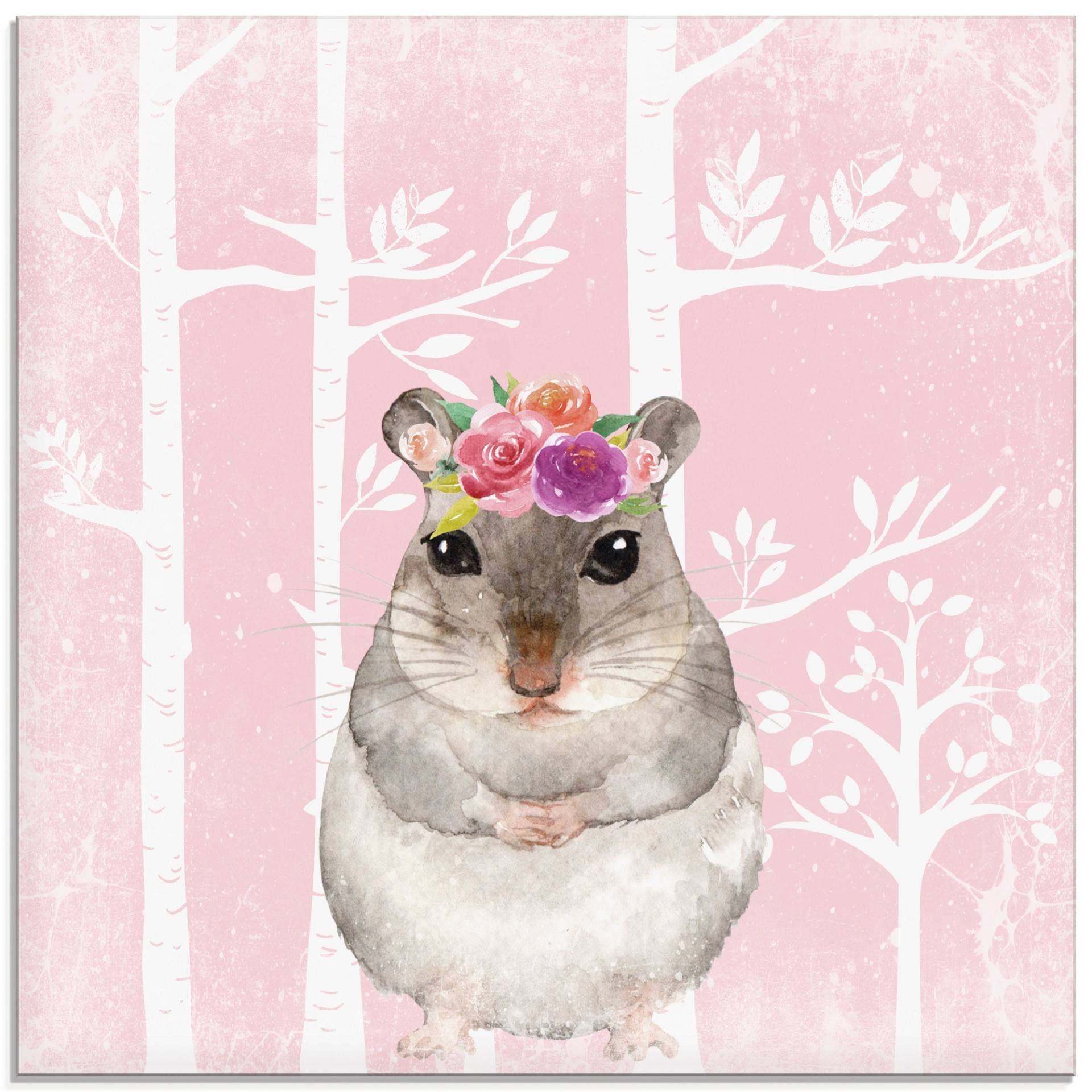 Artland Glasbild »Hamster mit Blumen im pink Wald«, Tiere, (1 St.) von Artland