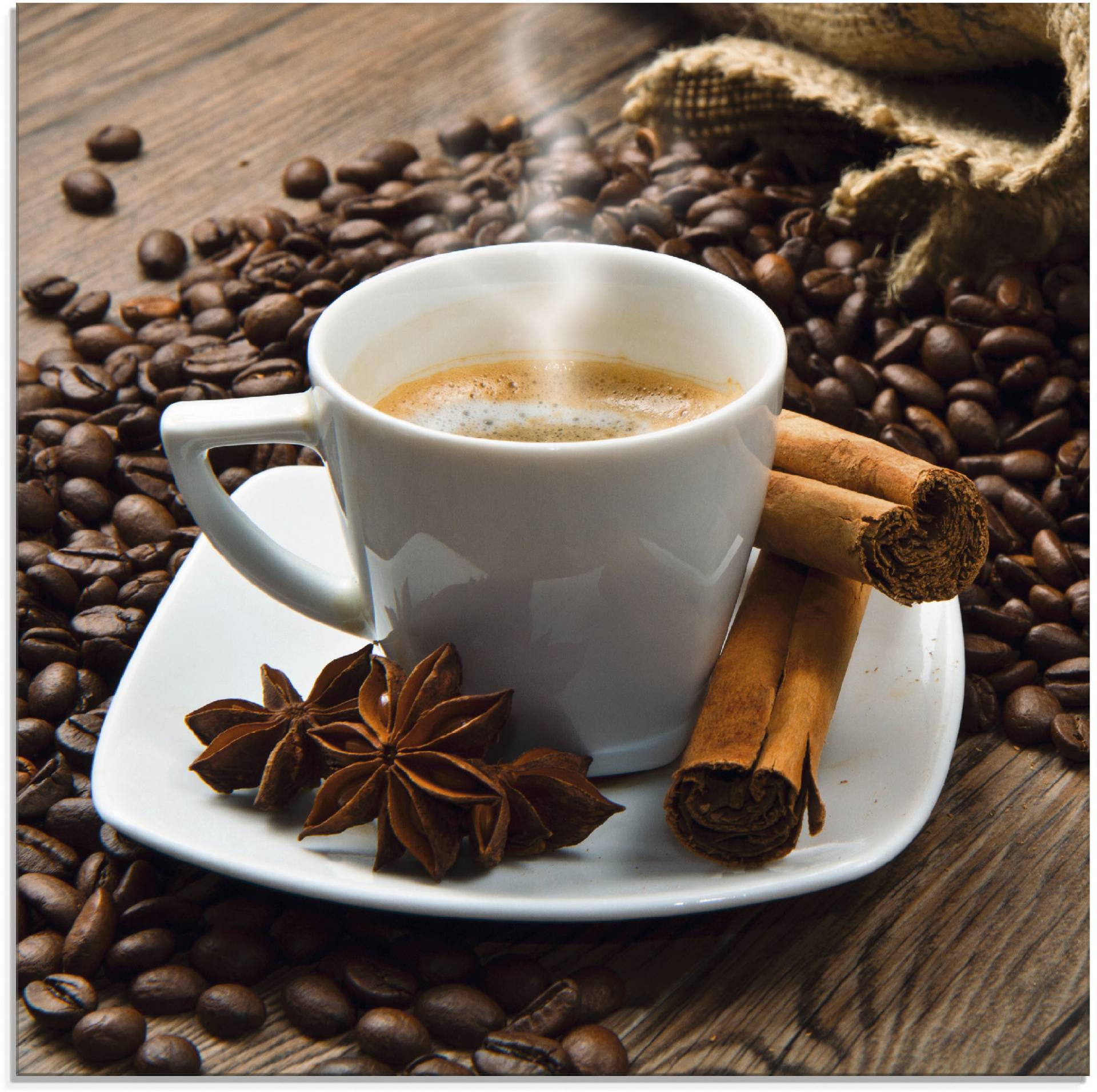 Artland Glasbild »Kaffeetasse Leinensack mit Kaffeebohnen«, Getränke, (1 St.) von Artland