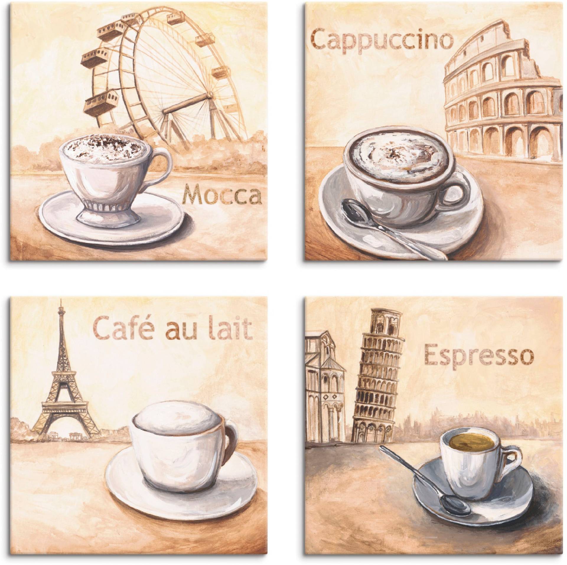 Artland Leinwandbild »Mocca Cappuccino Café au lait Espresso«, Getränke, (4 St.), 4er Set, verschiedene Grössen Artland Leinwandbild »Mocca Cappuccino Café au lait Espresso«, Getränke, (4 St.), 4er Set, verschiedene Grössen von Artland