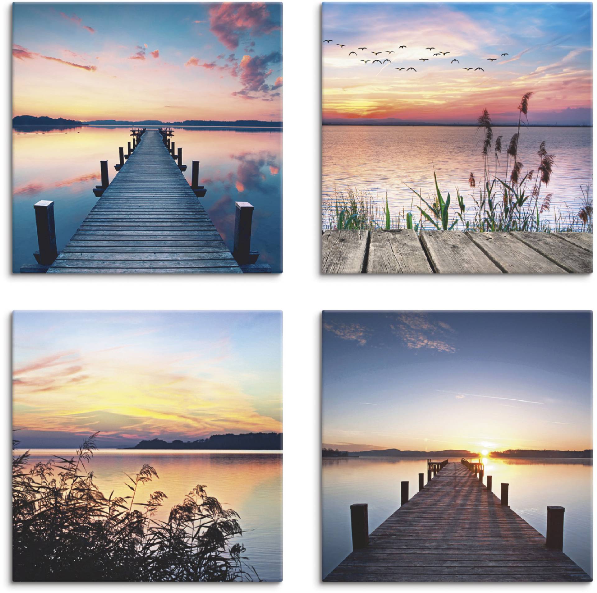 Artland Leinwandbild »Pier See Abendrot Schilf Sonnenstrahlen«, Gewässer, (4 St.), 4er Set, verschiedene Grössen von Artland
