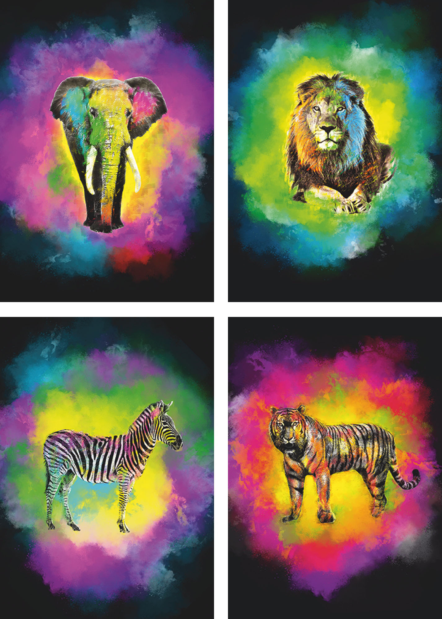 Artland Poster »Farbexplosion Elefant Löwe Zebra Tiger«, Wildtiere, (4 St.), Poster, Wandbild, Bild, Wandposter Artland Poster »Farbexplosion Elefant Löwe Zebra Tiger«, Wildtiere, (4 St.), Poster, Wandbild, Bild, Wandposter von Artland