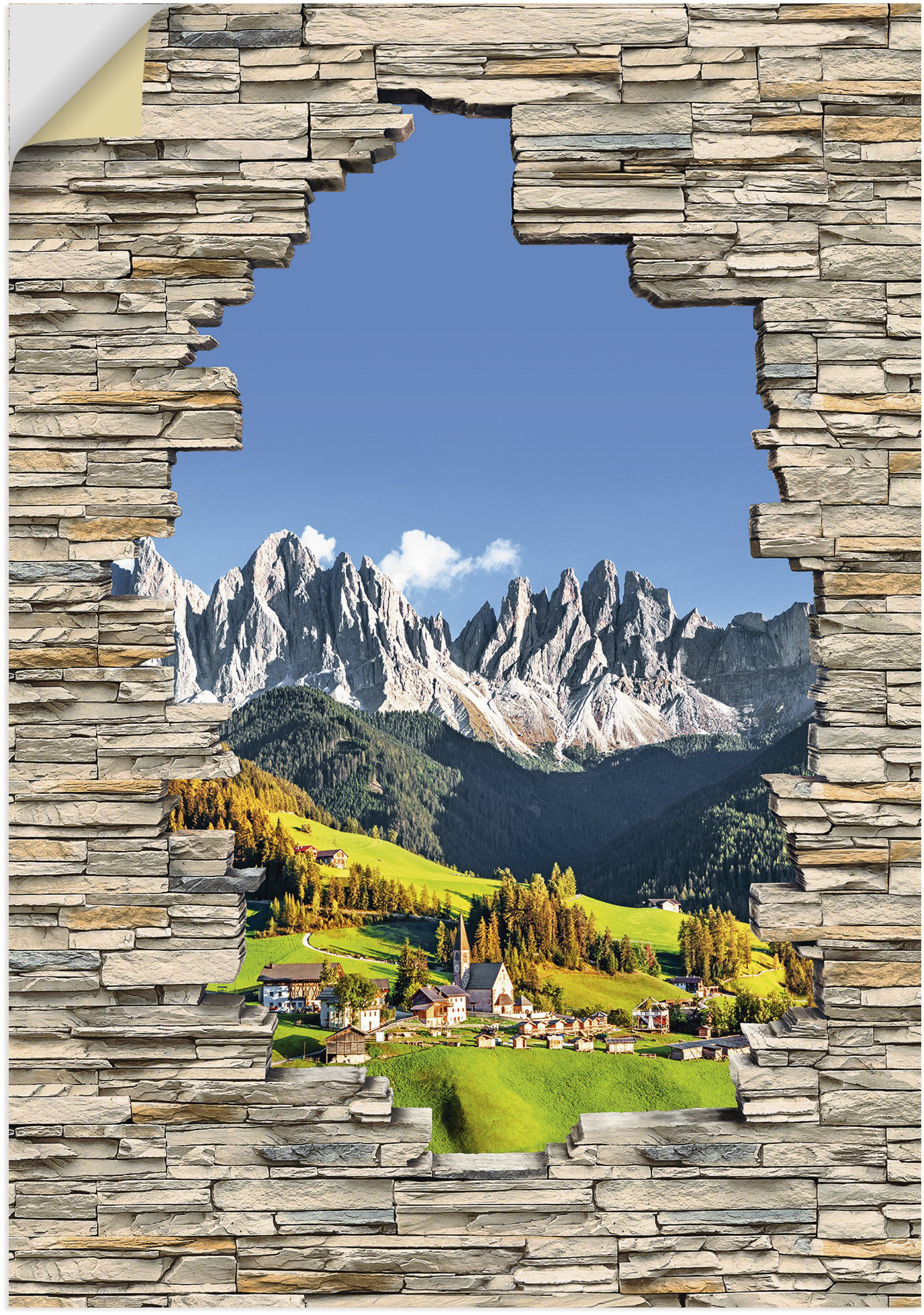 Artland Wandbild »Alpen Berge Santa Maddalena Stein Mauer«, Berge & Alpenbilder, (1 St.), als Alubild, Outdoorbild, Wandaufkleber in verschied. Grössen von Artland