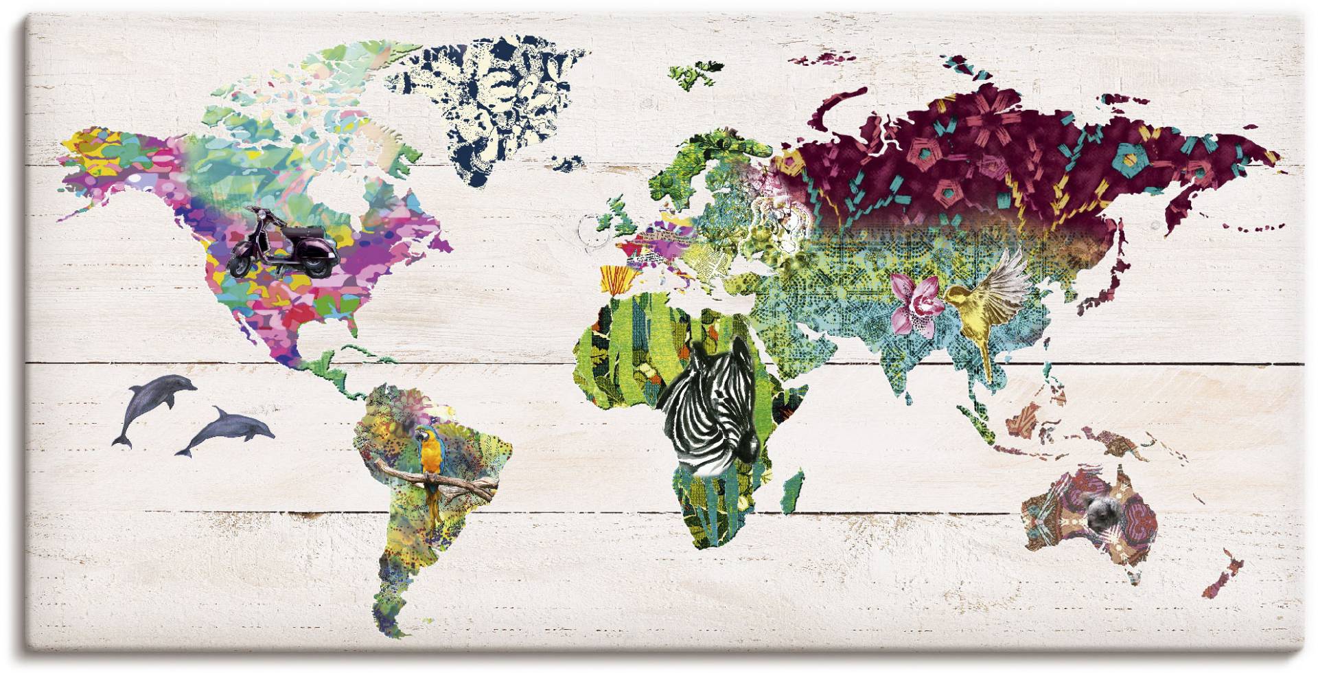 Artland Wandbild »Bunte Welt auf hölzernem Untergrund«, Landkarten, (1 St.), als Leinwandbild, Poster in verschied. Grössen von Artland