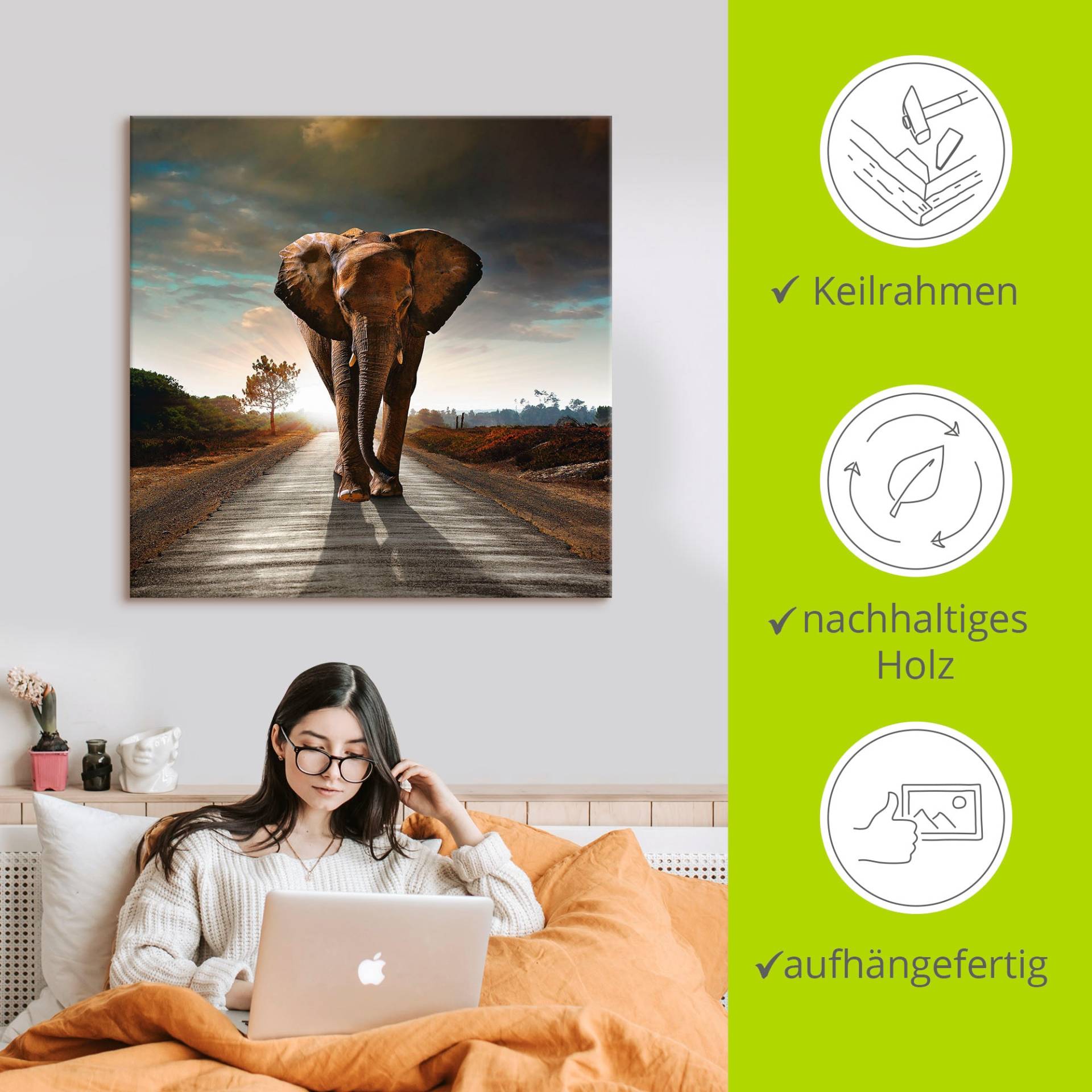 Artland Leinwandbild »Ein Elefant läuft auf der Strasse«, Wildtiere, (1 St.), auf Keilrahmen gespannt Artland Leinwandbild »Ein Elefant läuft auf der Strasse«, Wildtiere, (1 St.), auf Keilrahmen gespannt von Artland