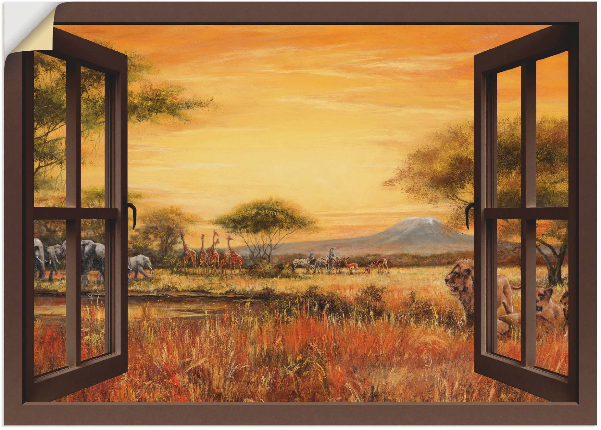 Artland Wandbild »Fensterblick Afrikanische Steppe Löwen«, Fensterblick, (1 St.) von Artland