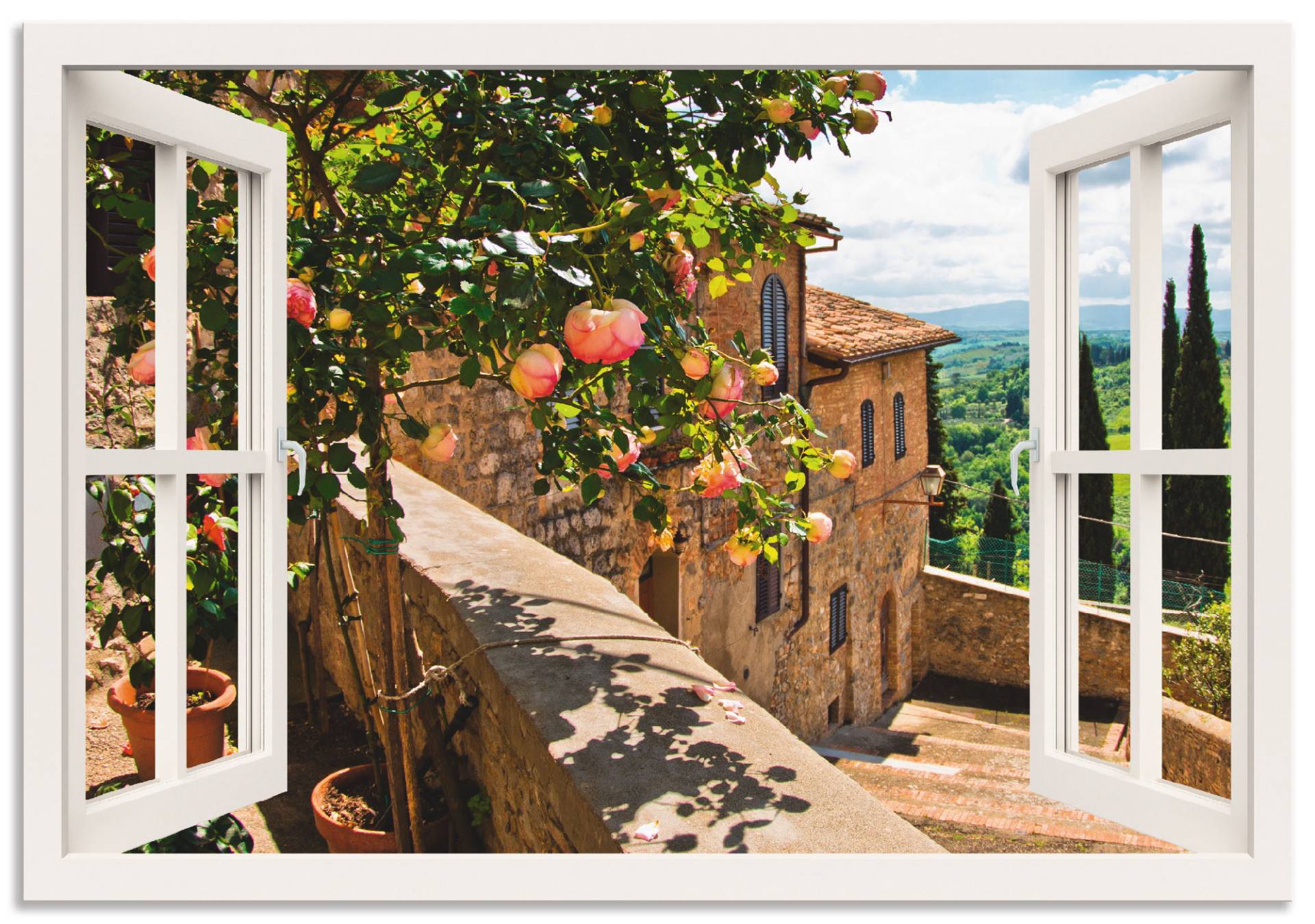 Artland Wandbild »Fensterblick Rosen auf Balkon Toskana«, Garten, (1 St.) von Artland