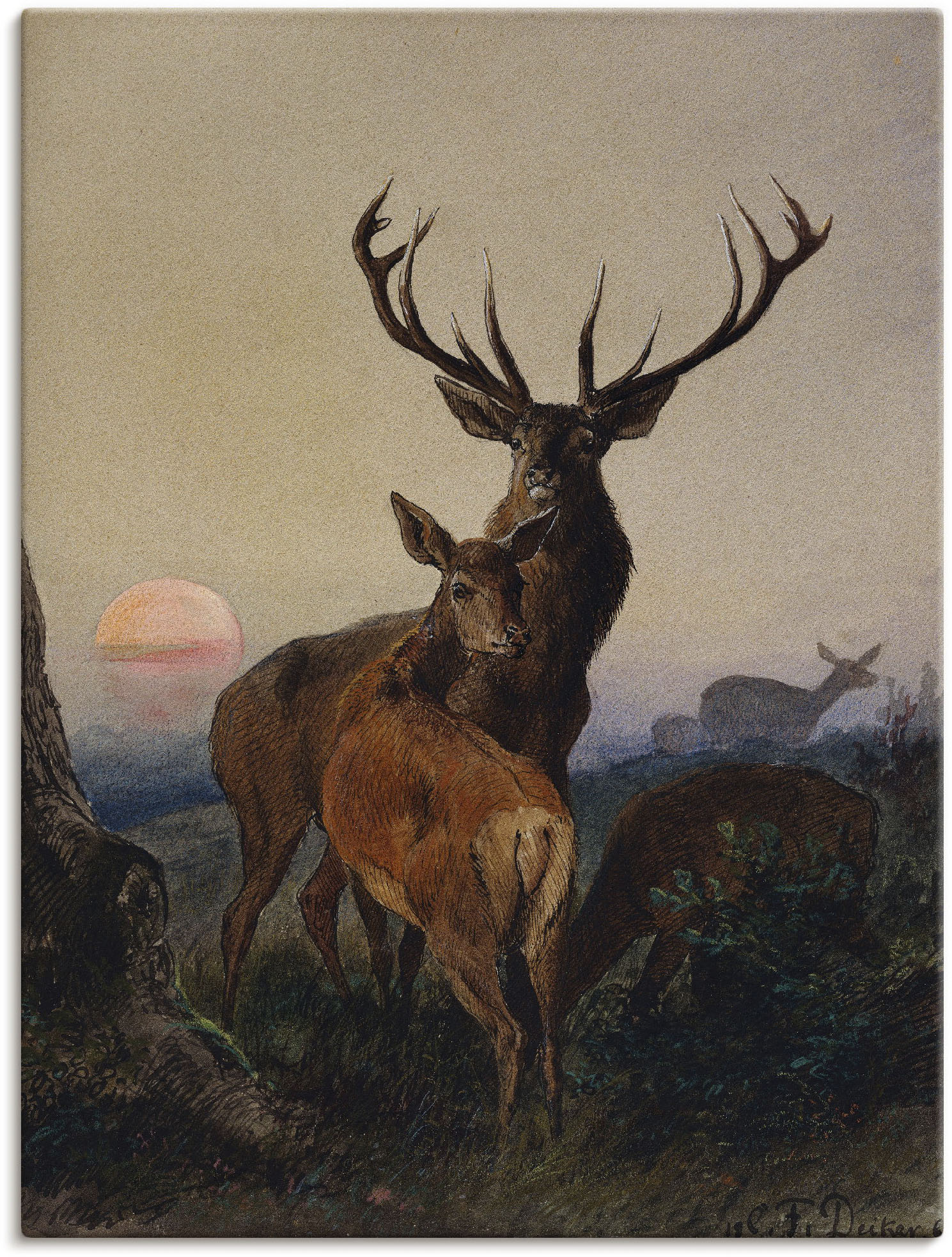 Artland Wandbild »Hirsch und ein Reh bei Sonnenuntergang«, Wildtiere, (1 St.), als Leinwandbild, Poster, Wandaufkleber in verschied. Grössen von Artland