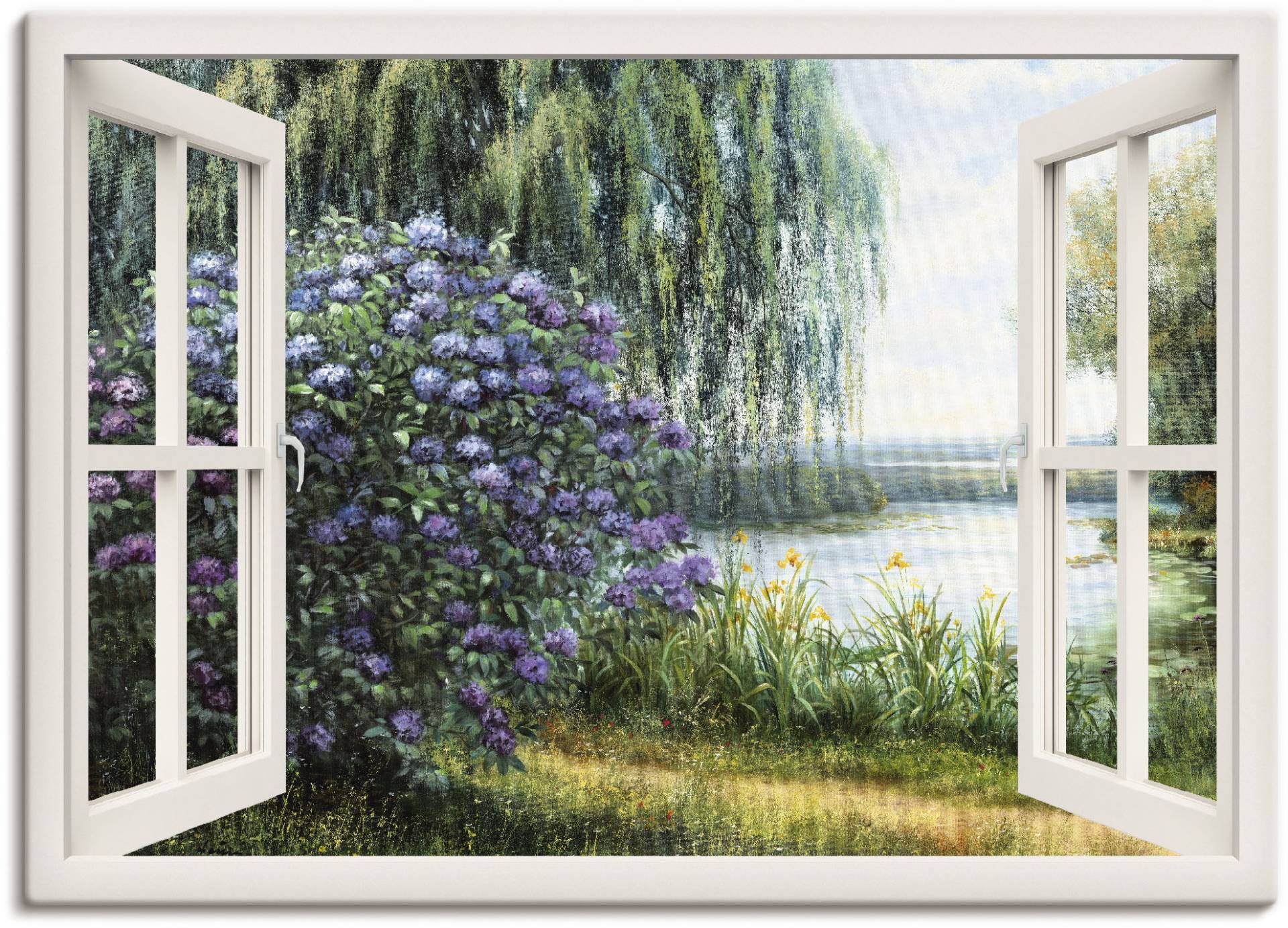 Artland Wandbild »Hortensien am See«, Fensterblick, (1 St.), als Leinwandbild, Poster, Wandaufkleber in verschied. Grössen von Artland