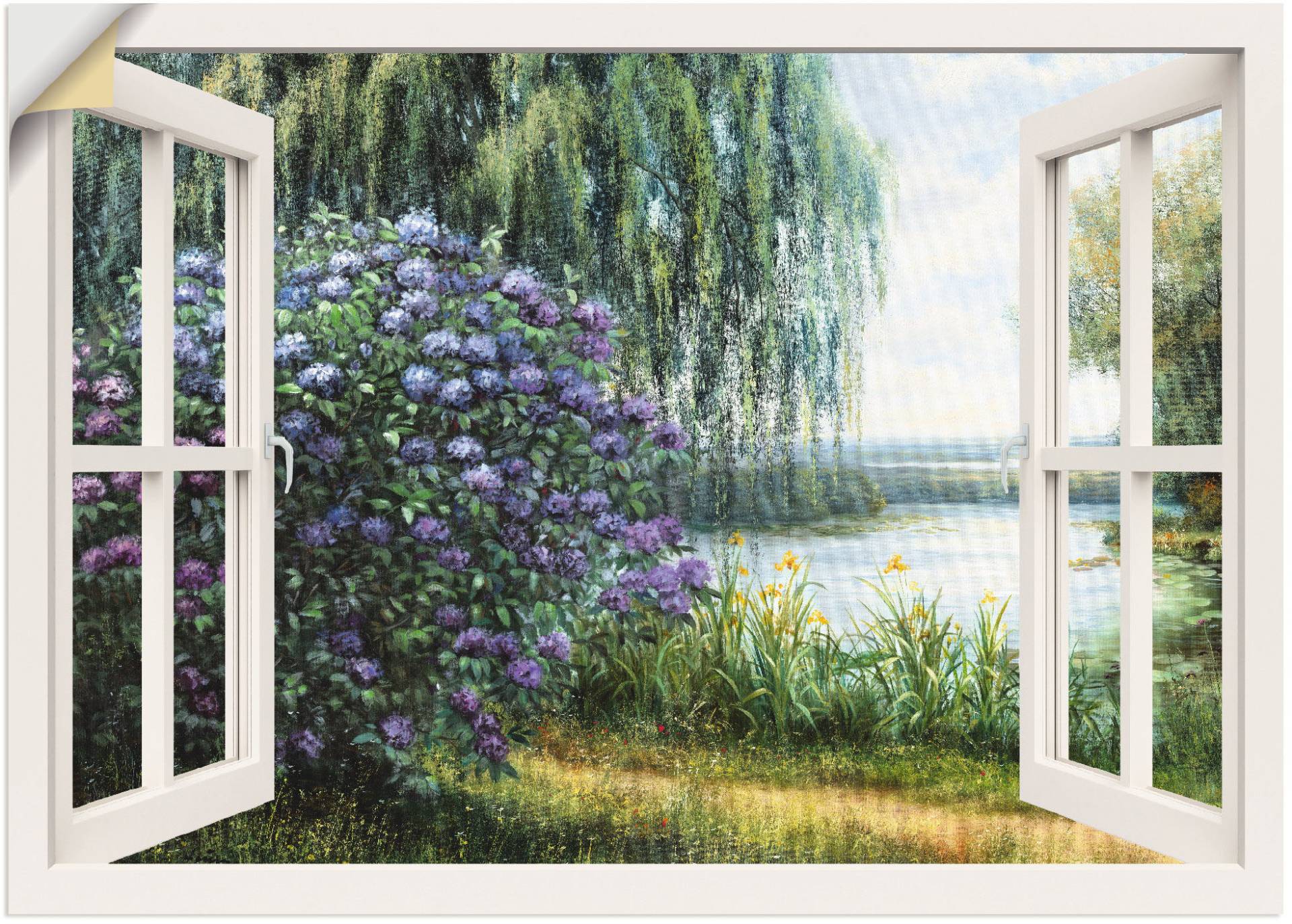 Artland Wandbild »Hortensien am See«, Fensterblick, (1 St.), als Leinwandbild, Poster, Wandaufkleber in verschied. Grössen von Artland