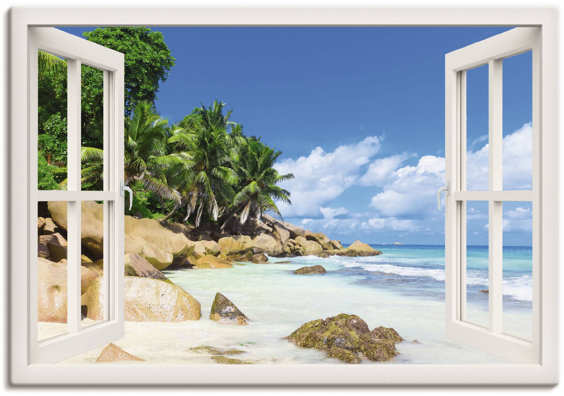 Artland Wandbild »Küste mit Palmen durchs Fenster«, Karibikbilder, (1 St.), als Alubild, Outdoorbild, Leinwandbild, Poster, Wandaufkleber von Artland