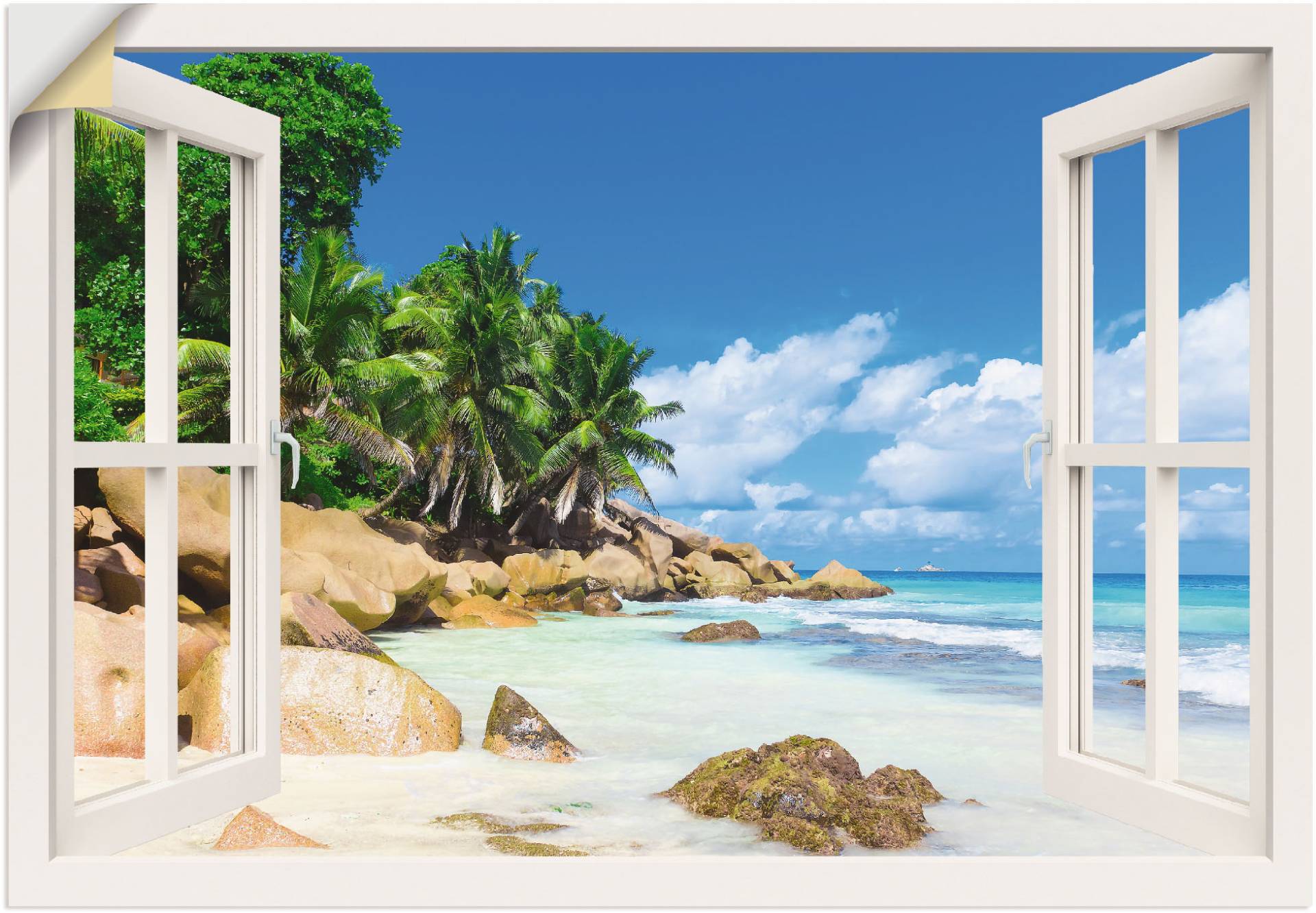 Artland Wandbild »Küste mit Palmen durchs Fenster«, Karibikbilder, (1 St.), als Alubild, Outdoorbild, Leinwandbild, Poster, Wandaufkleber von Artland