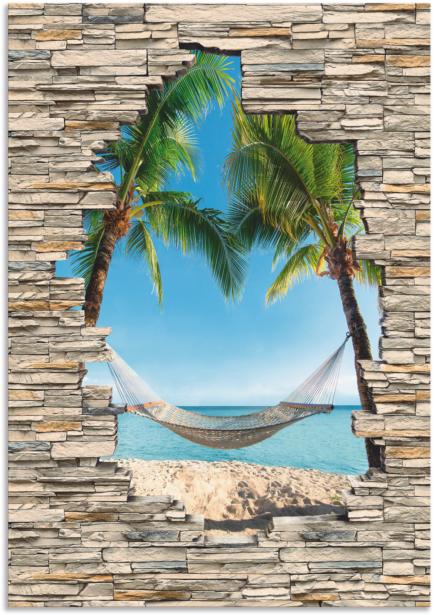 Artland Wandbild »Palmenstrand Karibik Hängematte Stein«, Karibikbilder, (1 St.), als Alubild, Outdoorbild, Poster in verschied. Grössen von Artland