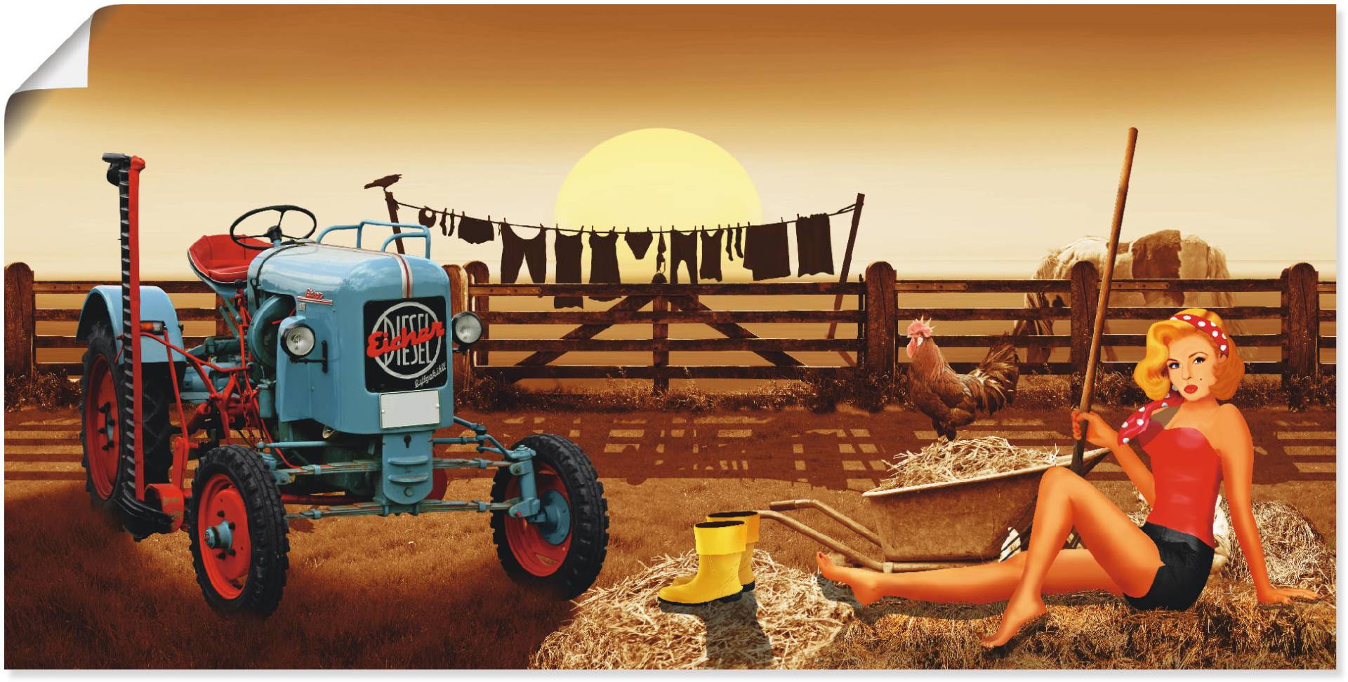 Artland Poster »Pin Up Girl mit Traktor auf Bauernhof«, Traktoren, (1 St.) von Artland
