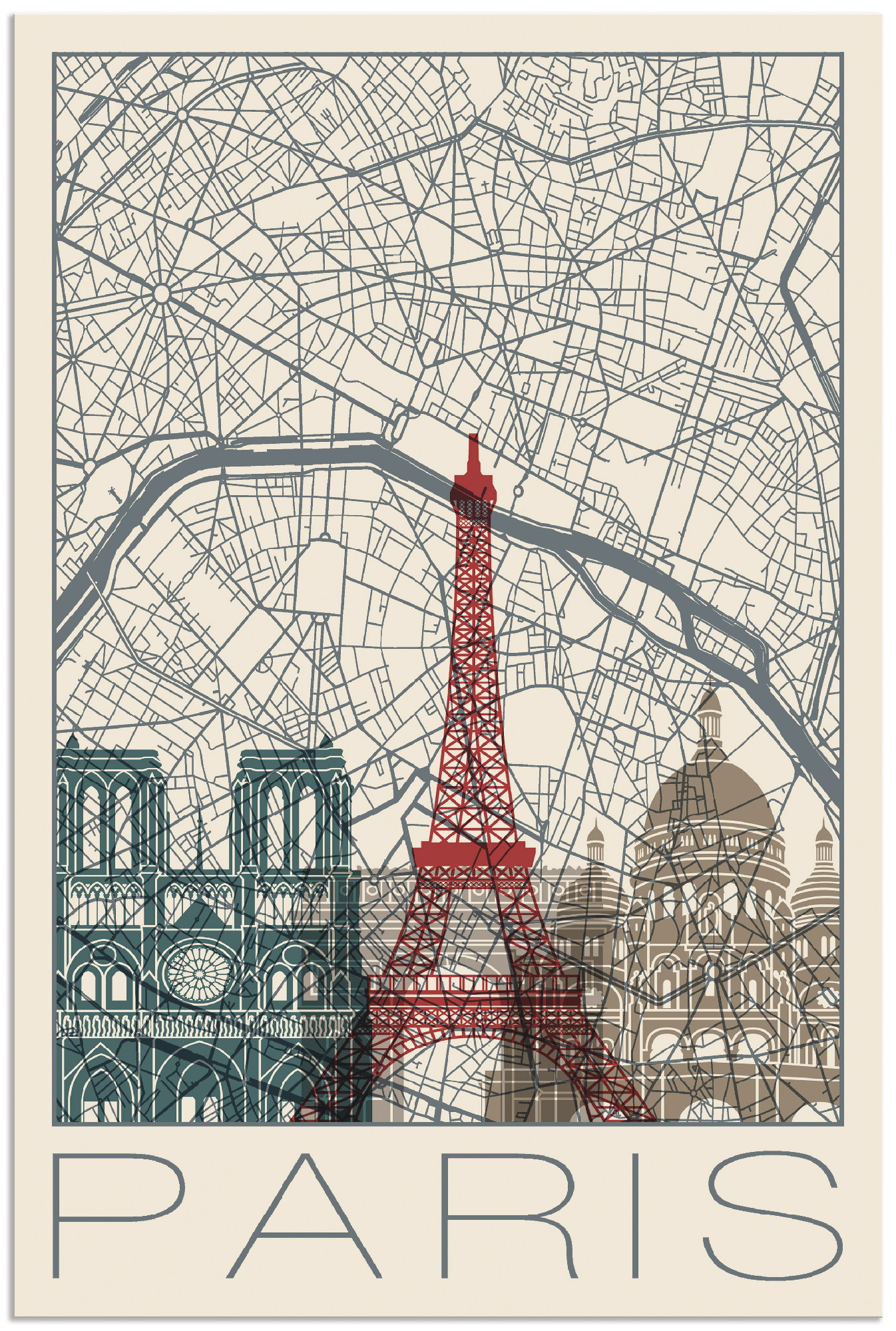 Artland Wandbild »Retro Karte Paris Frankreich und Skyline«, Frankreich, (1 St.), als Alubild, Outdoorbild, Poster in verschied. Grössen von Artland