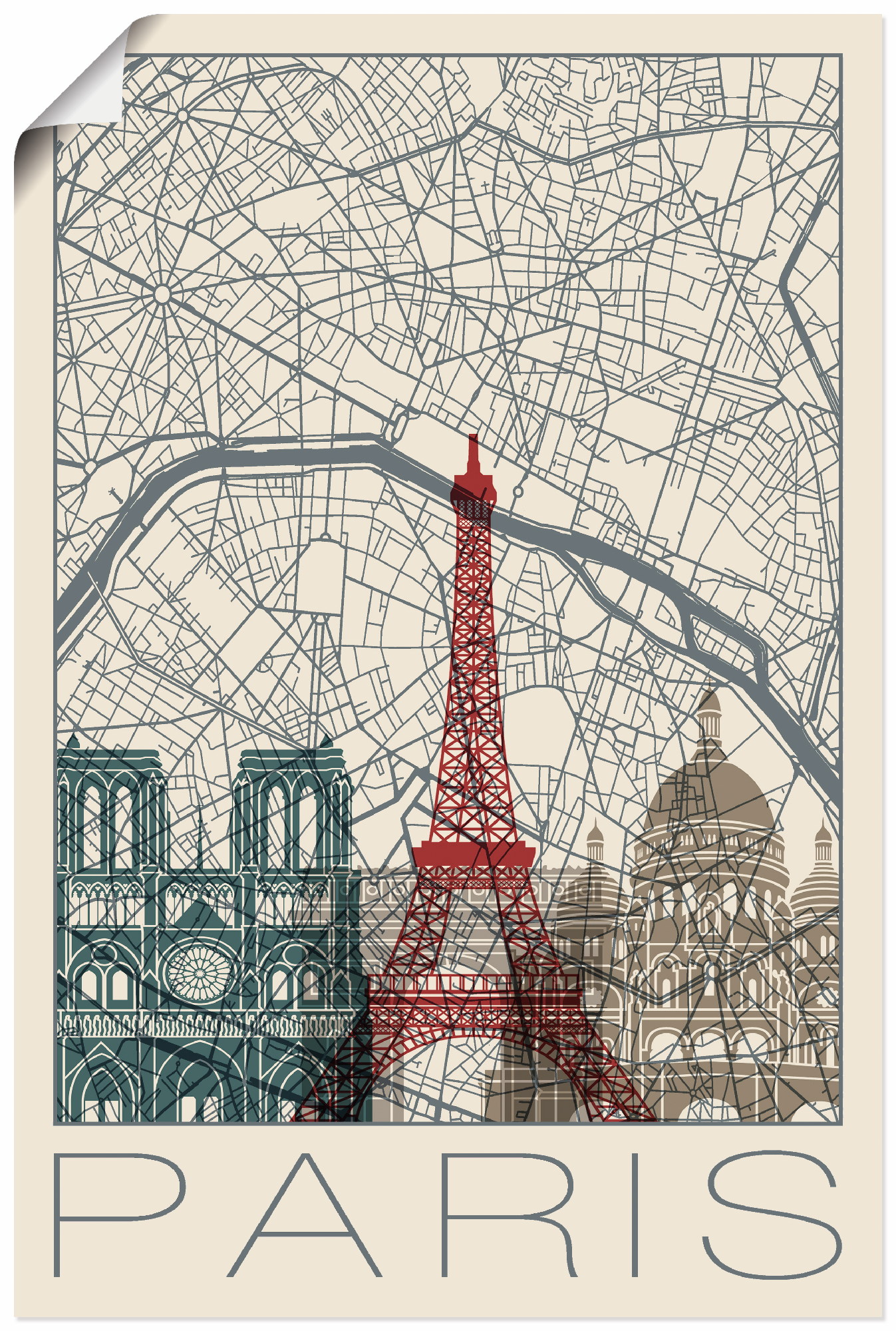 Artland Wandbild »Retro Karte Paris Frankreich und Skyline«, Frankreich, (1 St.) von Artland