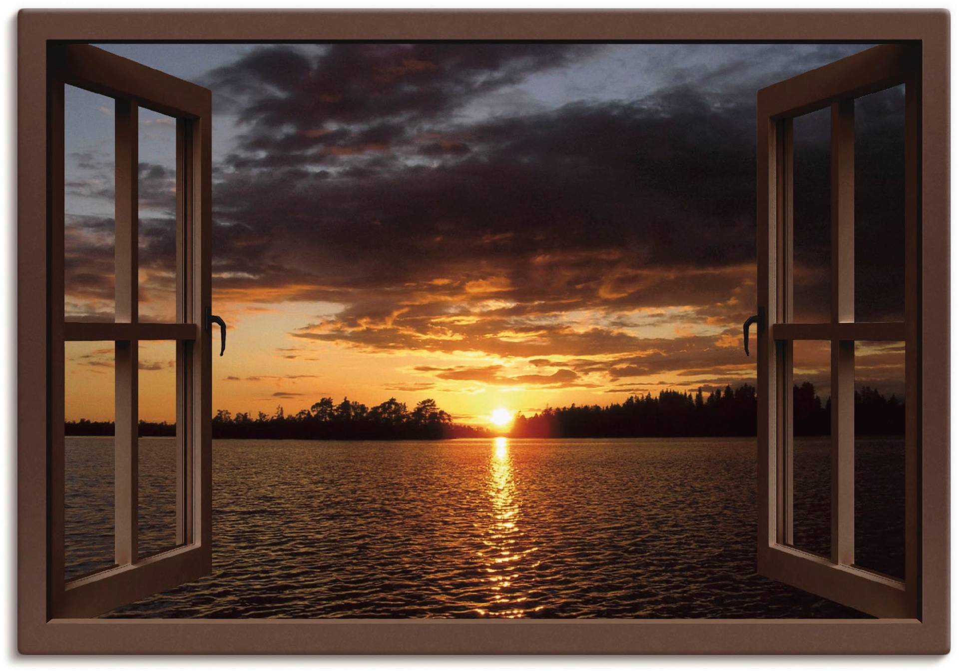 Artland Leinwandbild »Sonnenuntergang am See, braunes Fenster«, Seebilder, (1 St.) von Artland