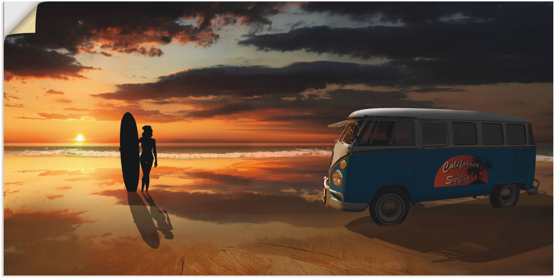 Artland Wandbild »Surfen in Kalifornien mit Bulli T1«, Küste, (1 St.), als Alubild, Outdoorbild, Leinwandbild, Poster, Wandaufkleber von Artland