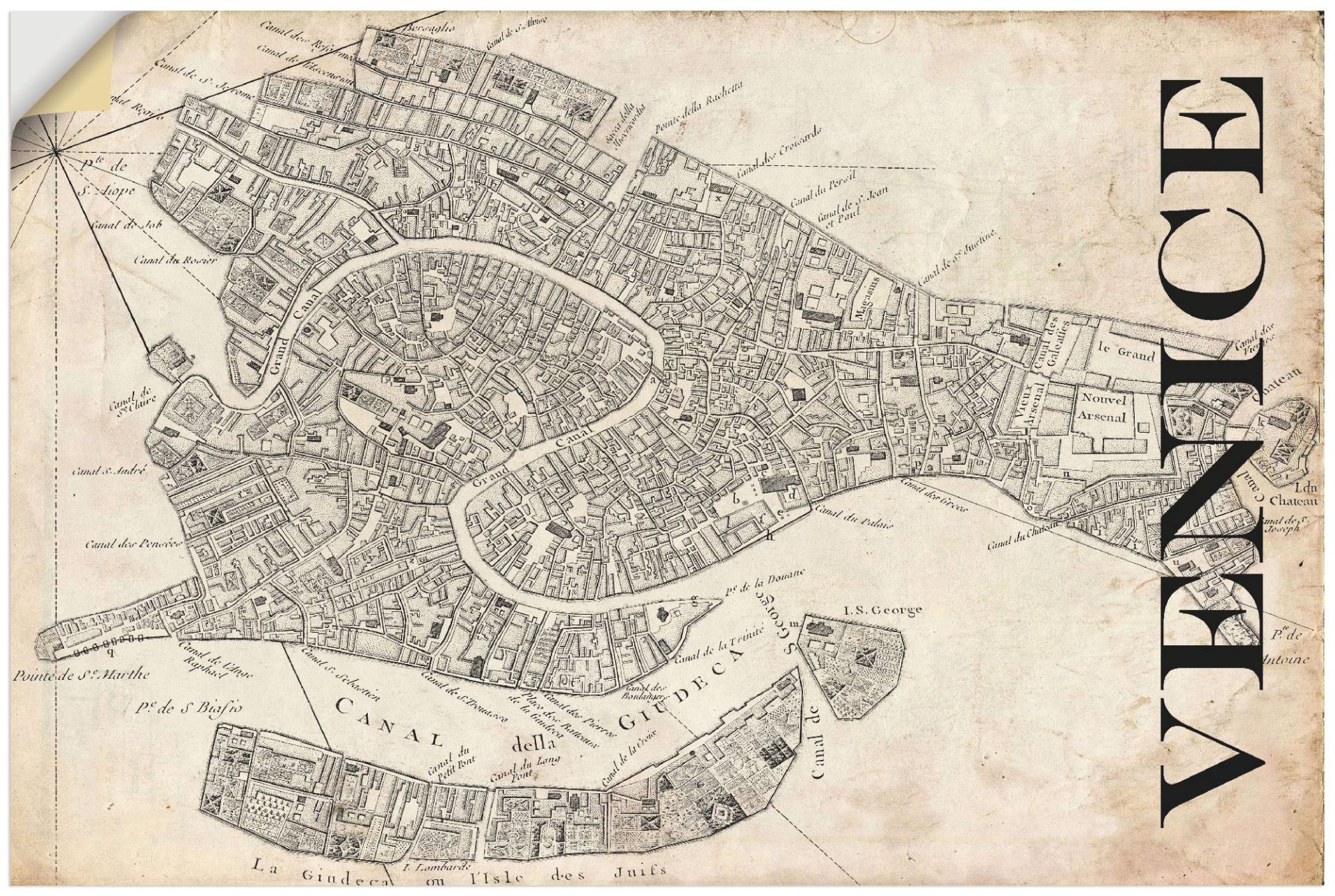 Artland Wandbild »Venedig Karte Strassen Karte Grunge«, Italien, (1 St.), als Alubild, Leinwandbild, Wandaufkleber oder Poster in versch. Grössen von Artland