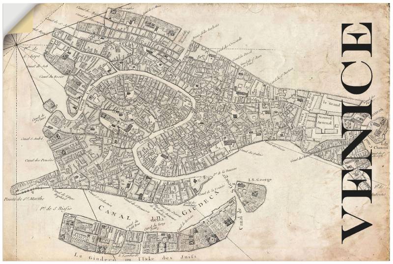 Artland Wandbild »Venedig Karte Strassen Karte Grunge«, Italien, (1 St.), als Alubild, Leinwandbild, Wandaufkleber oder Poster in versch. Grössen von Artland