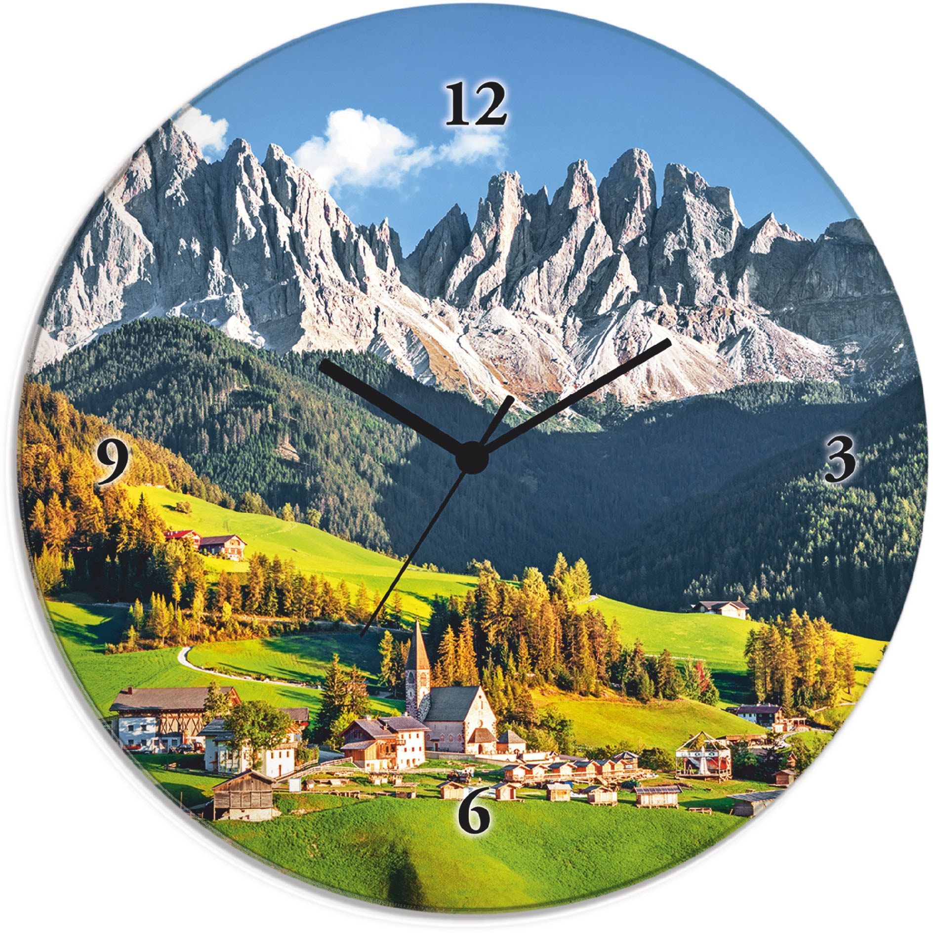 Artland Wanduhr »Glasuhr rund Alpen Berge Santa Maddalena« von Artland