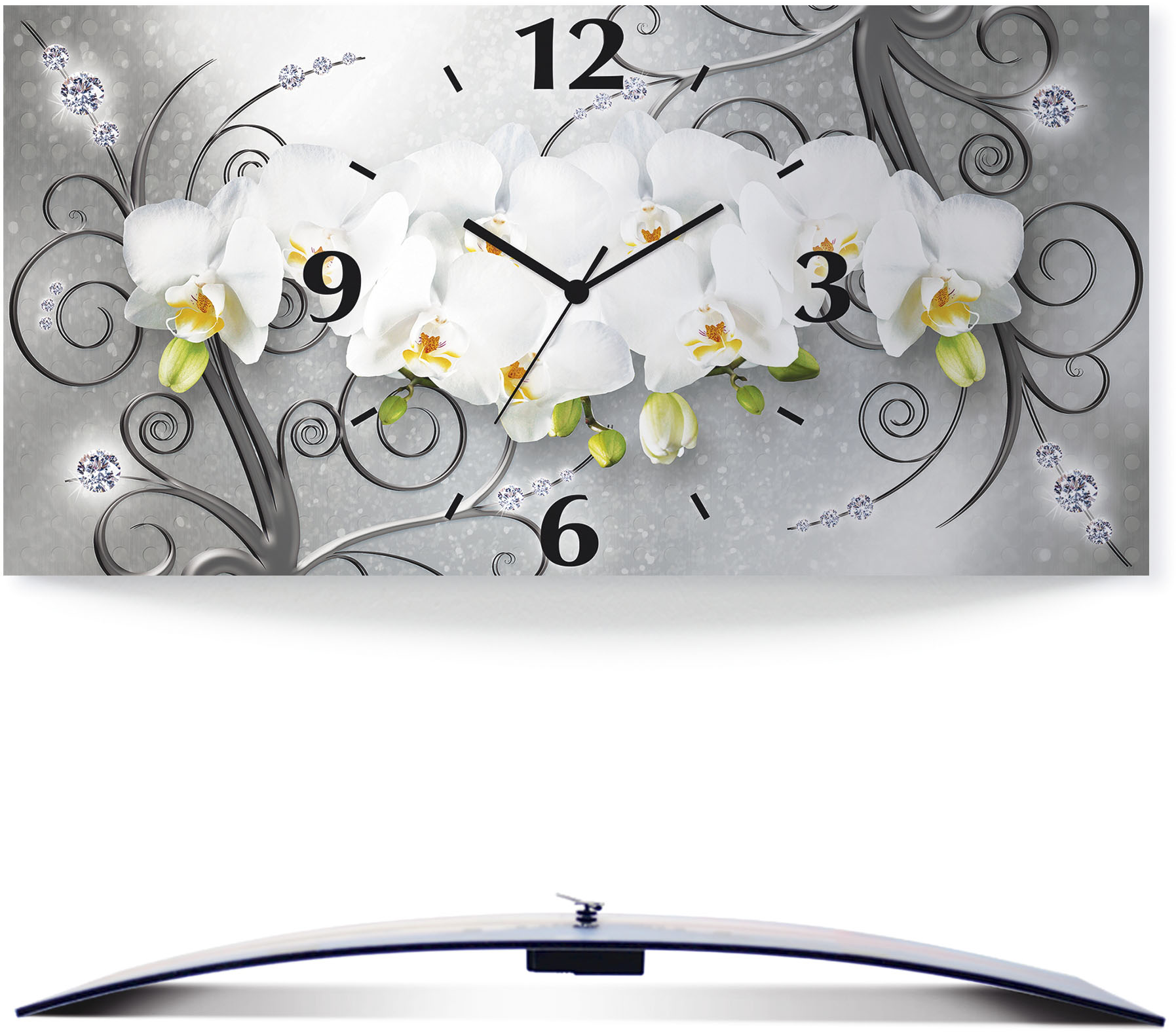 Artland Wanduhr »weisse Orchideen auf Ornamenten«, 3D Optik gebogen, mit Quarz- oder Funkuhrwerk, versch. Grössen von Artland
