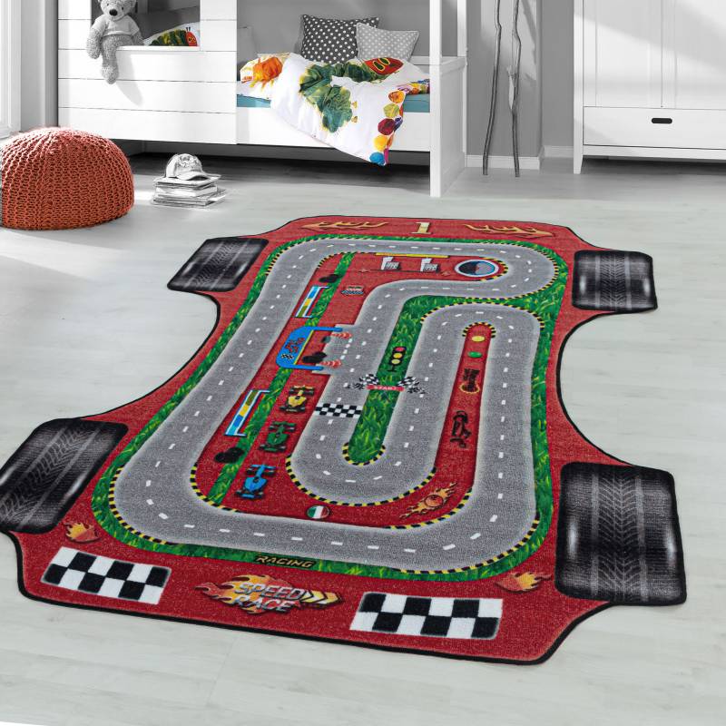 Ayyildiz Teppiche Kinderteppich »PLAY 2907«, Motivform, 6 mm Höhe, robuster Kurzflor, Rennstrecke, Autos, Kinderzimmer von Ayyildiz Teppiche