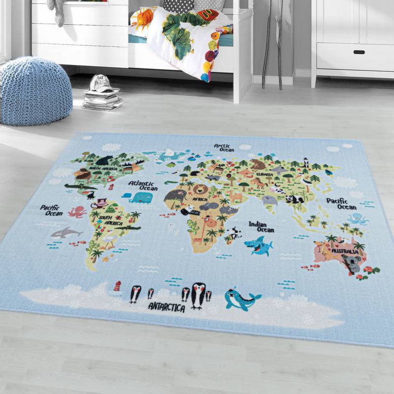 Ayyildiz Teppiche Kinderteppich »PLAY 2917«, rechteckig, 6 mm Höhe, robuster Kurzflor, bunte Weltkarte, Weltmeere, Tiere, Kinderzimmer von Ayyildiz Teppiche