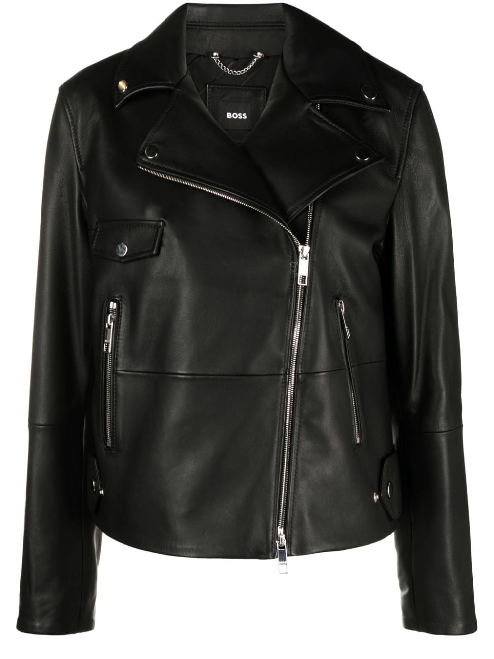 BOSS engraved-logo leather biker jacket - Black von BOSS
