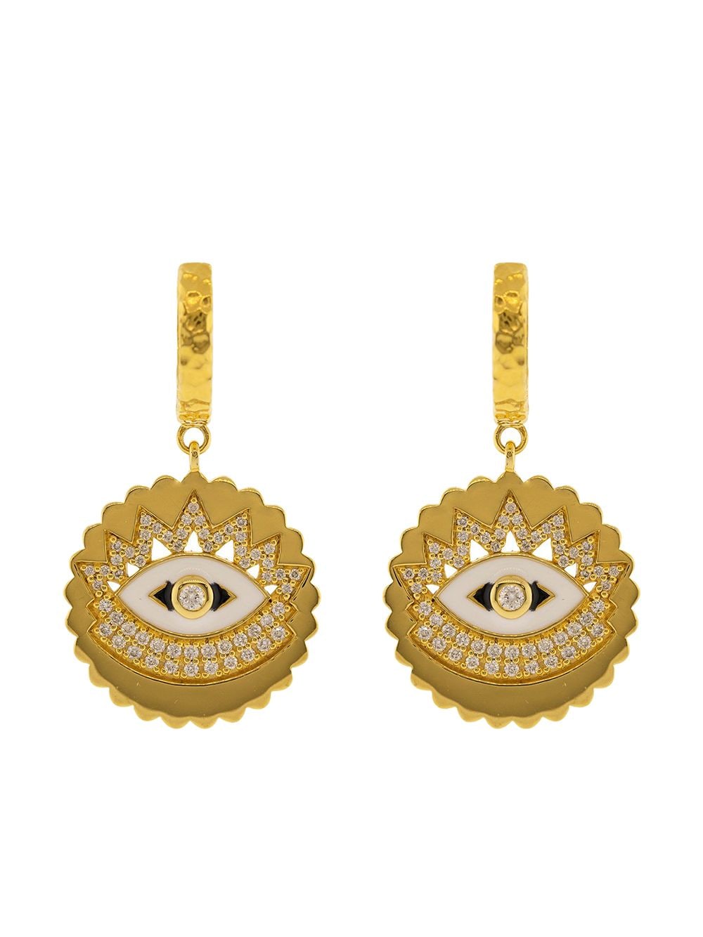 BUDDHA MAMA 20kt yellow gold scalloped evil eye enamel and diamond huggie earrings von BUDDHA MAMA