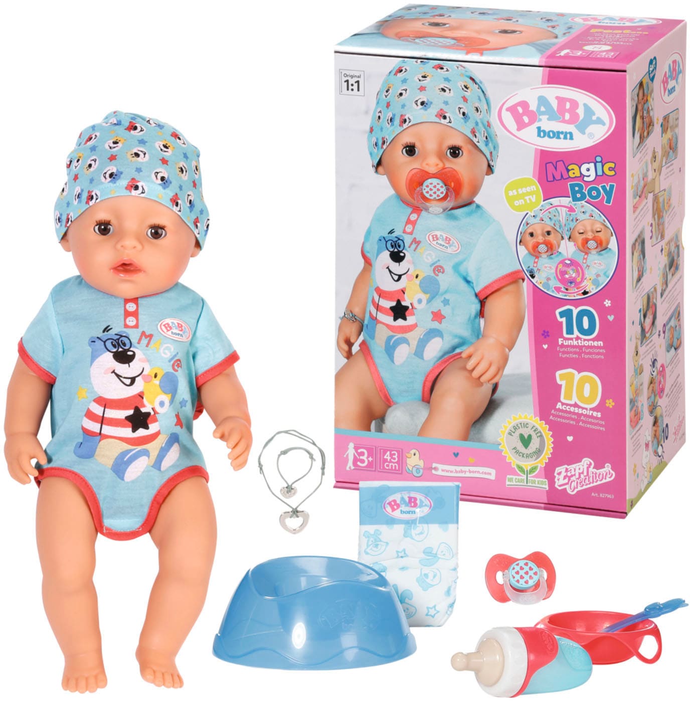 Baby Born Babypuppe »Magic Boy, 43 cm«, (Set, 13 tlg.), mit 10 lebensechten Funktionen von Baby Born