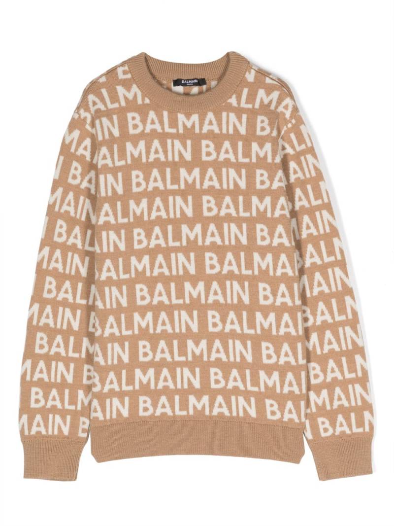 Balmain Kids logo-intarsia knitted jumper - Neutrals von Balmain Kids