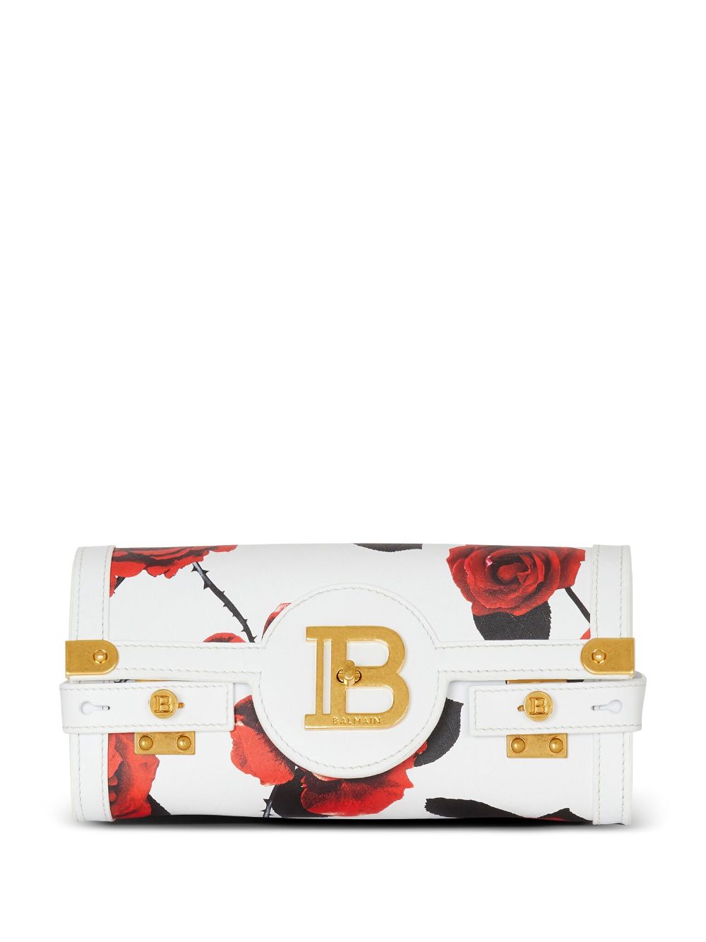 Balmain B-Buzz 23 rose-print leather clutch bag - White von Balmain