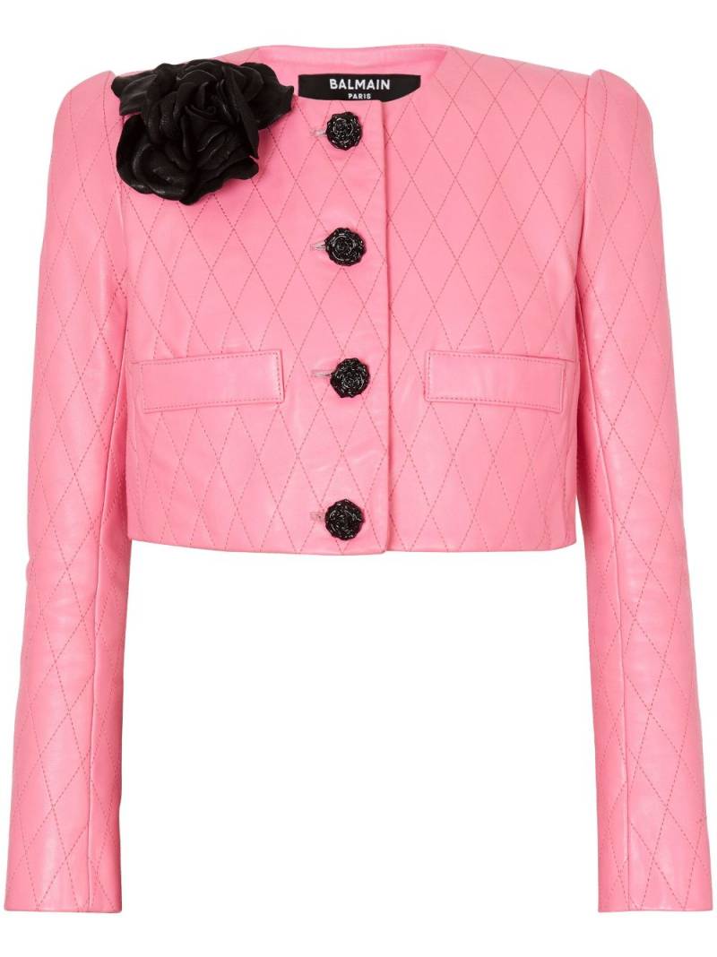 Balmain diamond-quilted cropped leather jacket - Pink von Balmain