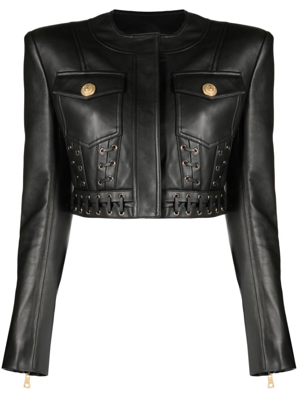 Balmain eyelet-embellished cropped leather jacket - Black von Balmain