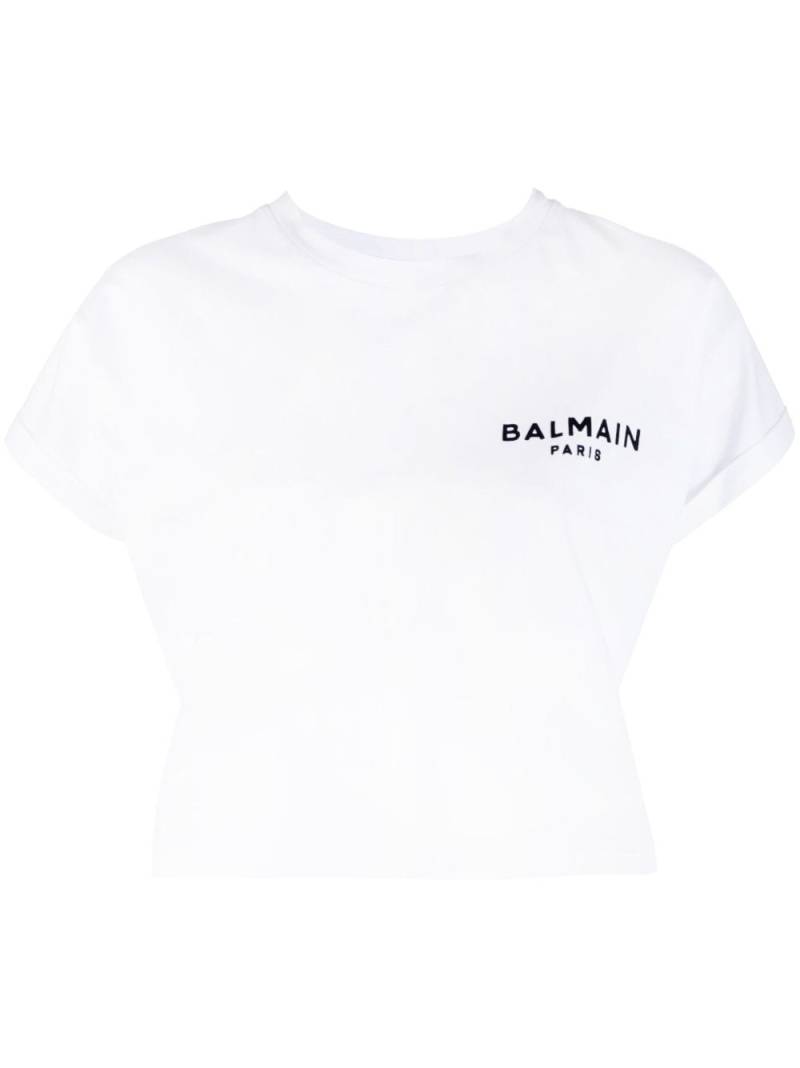 Balmain flocked-logo cropped T-shirt - White von Balmain