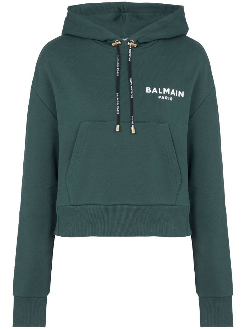 Balmain flocked-logo cropped hoodie - Green von Balmain