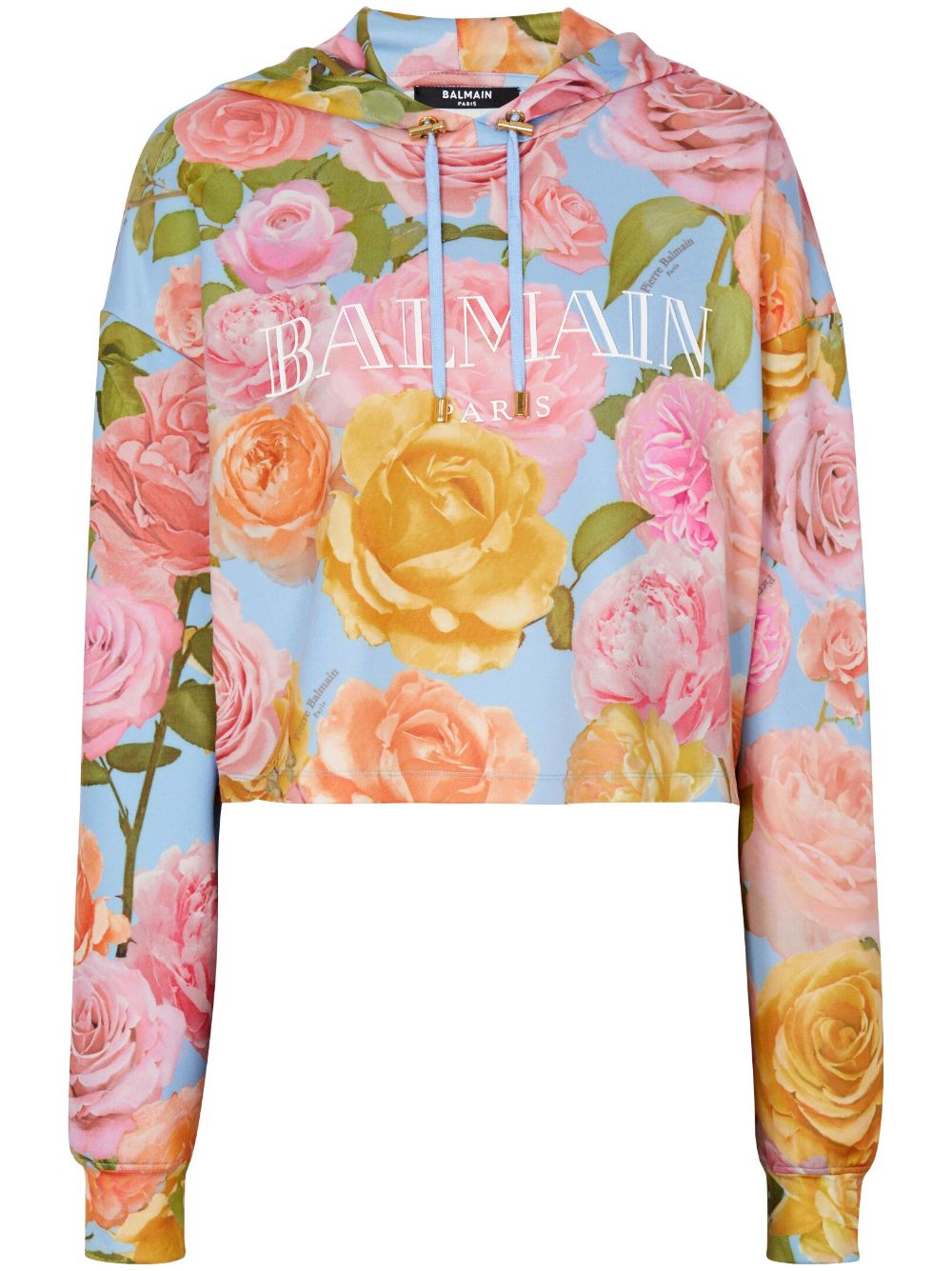 Balmain floral-print cropped hoodie - Blue von Balmain