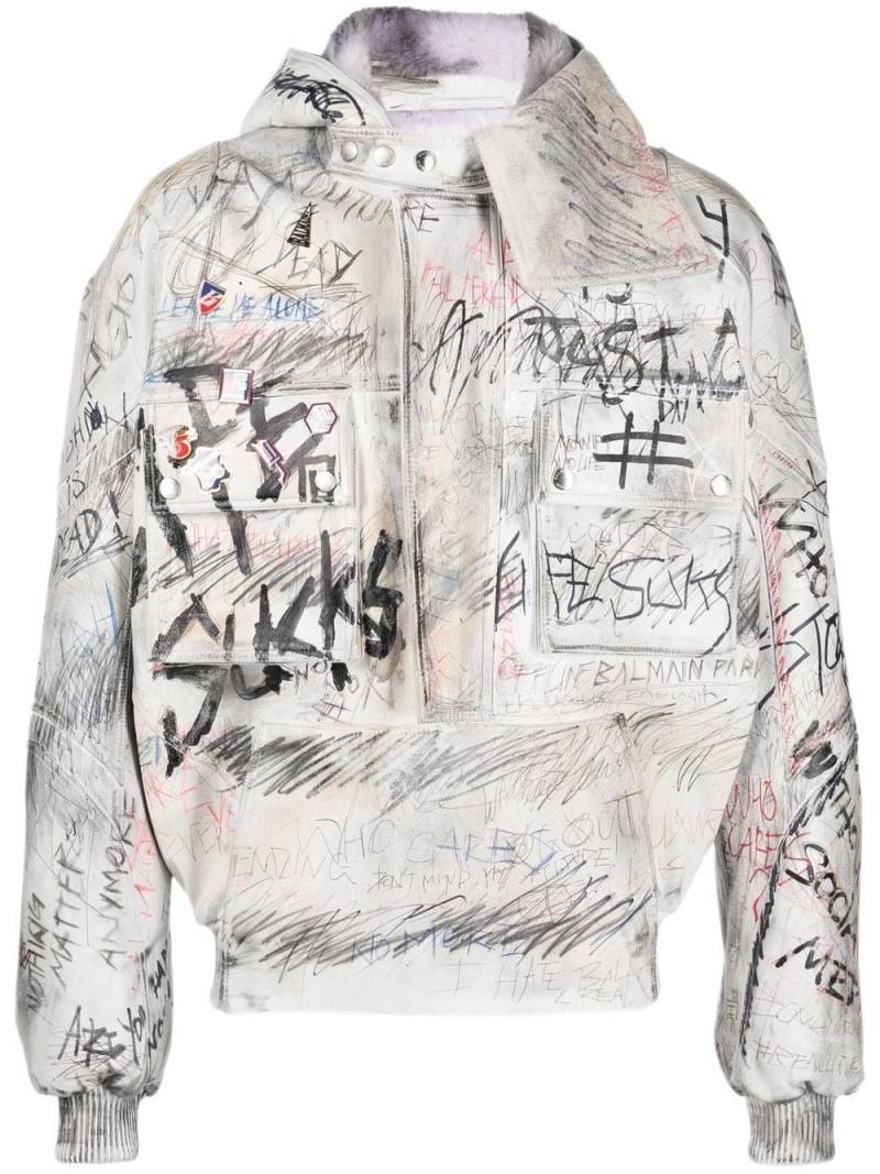 Balmain graffiti-print aviator leather jacket - White von Balmain