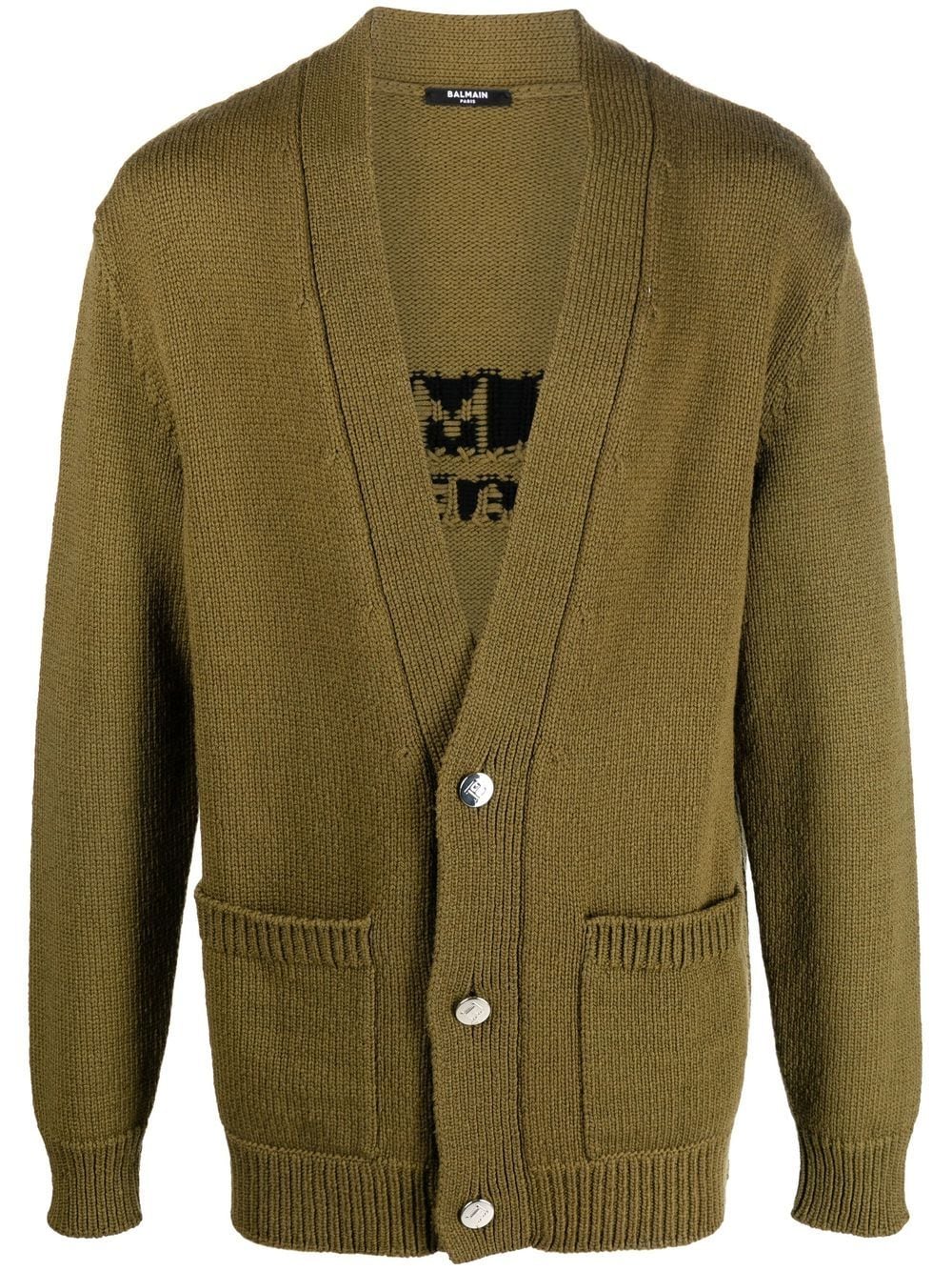 Balmain intarsia-knit logo V-neck cardigan - Green von Balmain