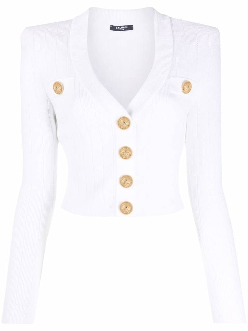 Balmain logo-button cropped knitted cardigan - White von Balmain